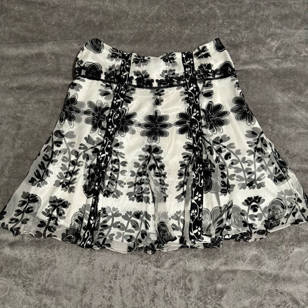 ECI New York Silk Black & White Floral Skirt L